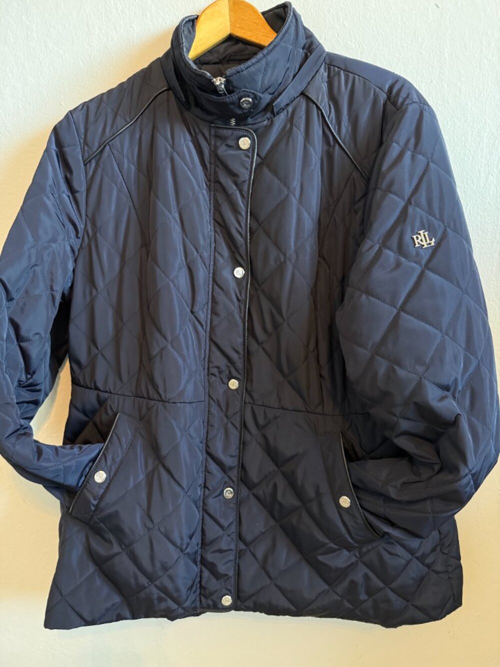 Lauren Ralph Lauren Navy Quilted Jacket Women XL Faux Leather Trim LRL - Picture 9 of 11